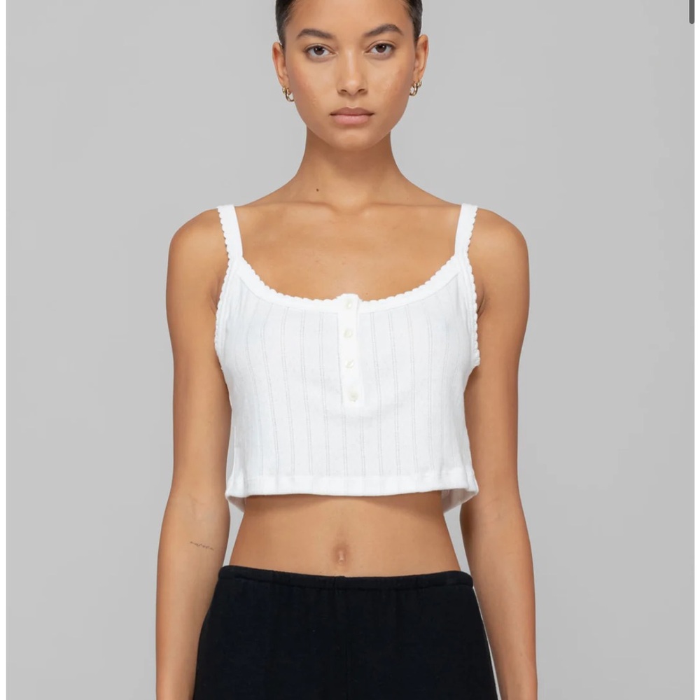LESET Pointelle Crop Button Scoop Neck Tank